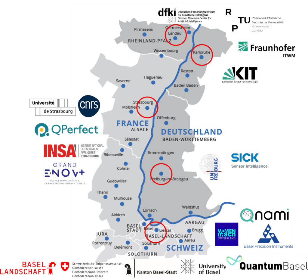Map of UpQuantVal’s academic, research, and industry partners in the Upper Rhine Valley.